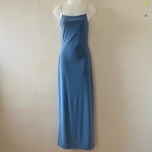 VINTAGE 90s Y2K BABY BLUE GLITTER OPEN BACK GOWN PROM DRESS W/ SIDE SLIT